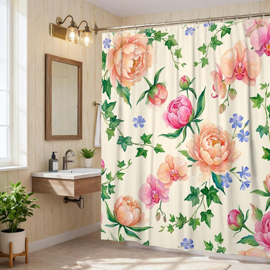 Peony Shower Curtain, Floral Elegant Orchid Ivy Spring Peach Washable with Hooks Design Print Bath Curtains for Bathroom Bathtub Apartment Decor 72x72 Inch