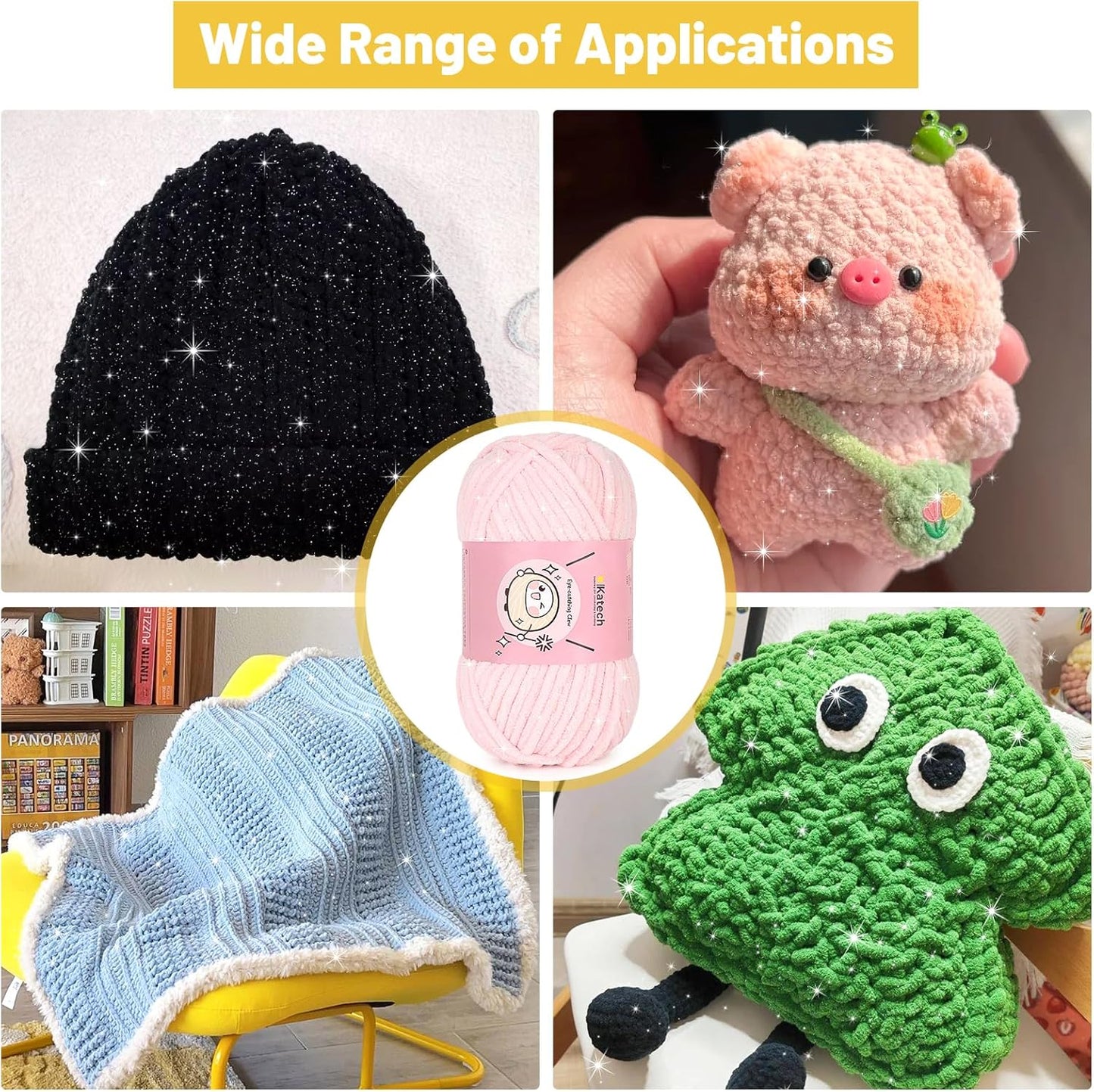 Katech Velvet Chenille Yarn for Crocheting-6 Pack of 100g/3.53oz-#6 Super Bulky Sparkle Chenille Yarn for Knitting, Chunky Plush Baby Blanket Yarns, Ideal for Blankets, Dolls, Bags (Pale Pink)
