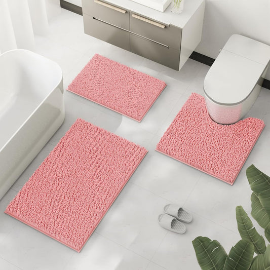Bathroom Rugs Sets 3 Piece, Pink Extra Soft Absorbent Chenille Bath Rugs, Non Slip Rubber Backing Machine Washable Quick Dry Bath Mats for Bathroom Floor, Tub, Shower, Home Decor Accessories
