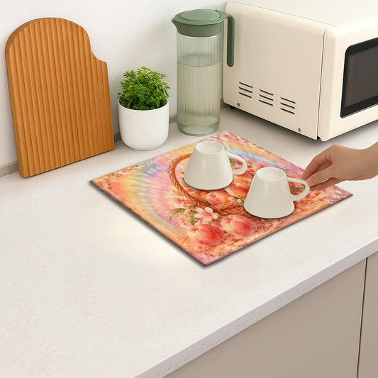Peach Basket Dish Drying Mats for Kitchen Counter, Vintage Floral Absorbent Dish Drainer Rack Mat, Spring Blossom Microfiber Drying Pad for Kitchen Counter Home Decor 16x18 Inch