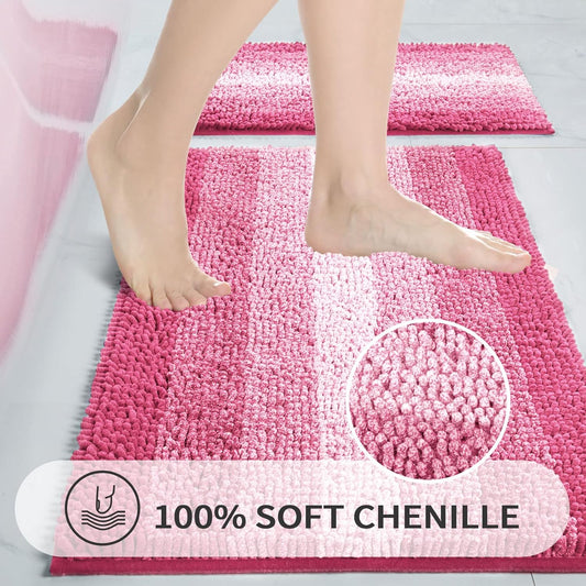 Gibelle Pink Bathroom Rug Set 2 Piece, Chenille Non Slip Bath Mat Set, Absorbent Shower Rug and Bath Room Floor Mats, Quick Dry Bathmat Bathroom Decor Accessories for Tub, 16" x 24", 20" x 32"