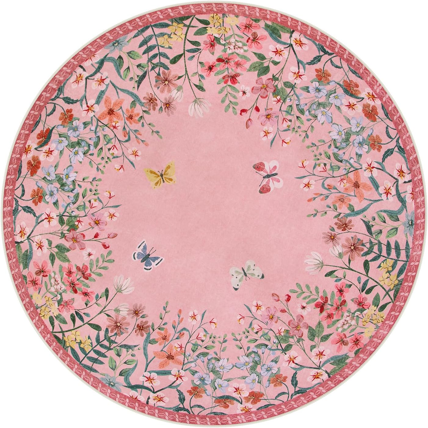 Wonnitar Washable 5ft Round Area Rug, Pink Floral Living Room Rugs for Bedroom Girls, Low Pile Soft Botanical Throw Carpet for Kids Nursery Room (Pink,5ft-Round)