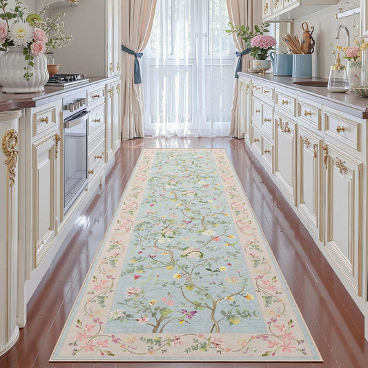 jinchan Floraison Rug Runner 3x10 Floral Netural Machine Washable Rugs Non Slip Indoor Floor Cover Soft Chinoiserie Long Modern Carpet for Hallway Bedroom Dining Room Kitchen Blue/Pink