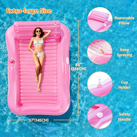 Inflatable Tanning Pool Lounger Float with Sprinkler, Pool Float Adult with Pillow & Cup Holder, Sunbathing Blow Up Tanning Bed, Suntan Tub Raft Floatie for Backyard Summer Water Party Extra-Large