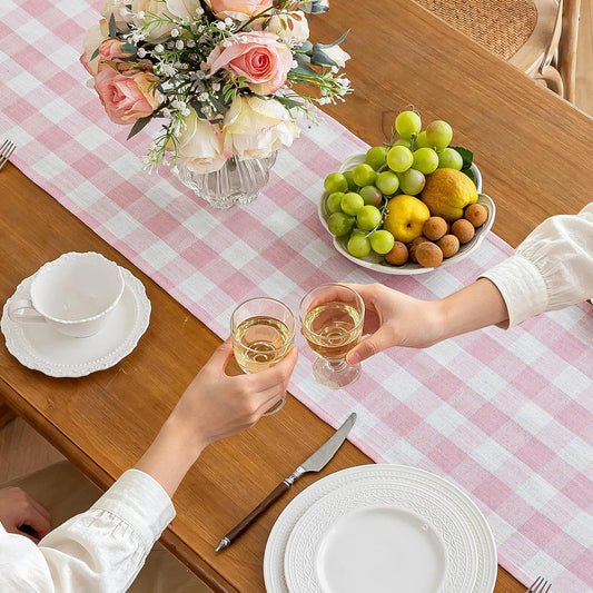 Alsoo Spring Pink Gingham Table Runner 13 x 72 inches Long, Cotton Linen Farmhouse Checkered Kitchen Dining Table Decor for Home Party, Wrinkle Free