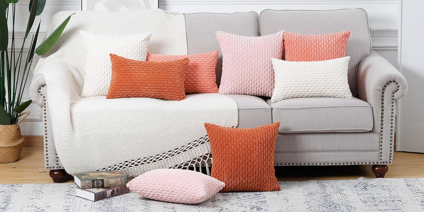 MADIZZ Pack of 2 Corduroy Decorative Throw Pillow Covers 16x16 Inch Coral Soft Boho Striped Couch Throw Pillows for Bed Pillowcases for Sofa Livingroom Home Decor