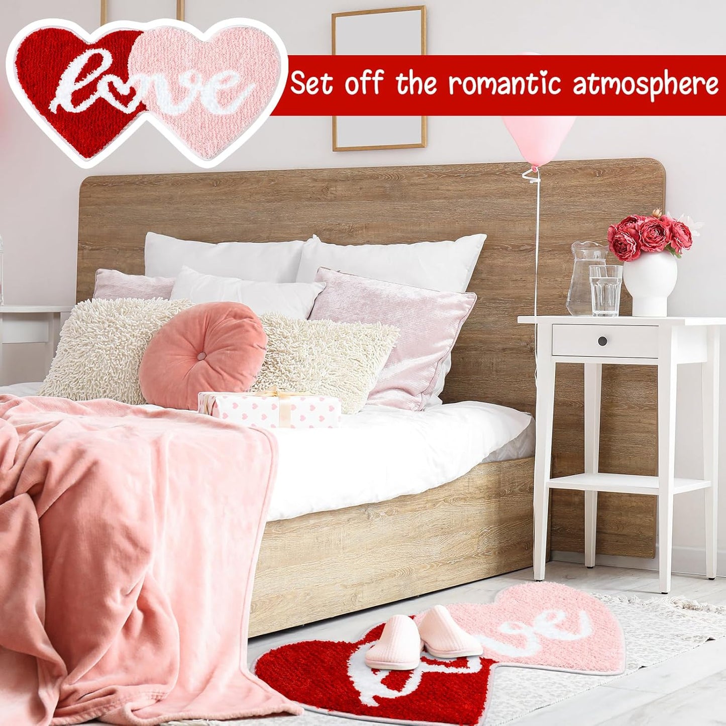 Hoolerry Valentine Heart Rug Double Heart Shaped Rug Decor Non Slip Bathroom Doormat Love Shag Shower Mat Bedroom Living Room Entrance Welcome Floor Decor 15.75 x 31.5 in(Red and Pink)