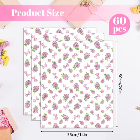 60 Sheets Gift Wrapping Tissue Paper Bulk, Pink Rose Bow Tissue Paper for Gift Bags, Decorative Art Papers for DIY Crafts Valentines Day Wedding Baby Showers Party Decor, 20x14 Inches