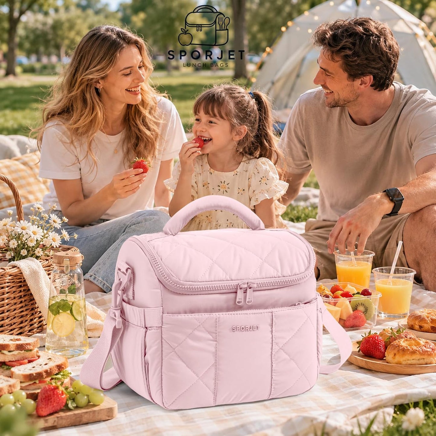 Insulated Lunch Bag for Women, Quilted Lunch Tote Bag with Shoulder Strap, Leakproof Soft Lunch Box, Reusable Lunch Cooler Bag for Work Office Picnic Travel, Large Capacity