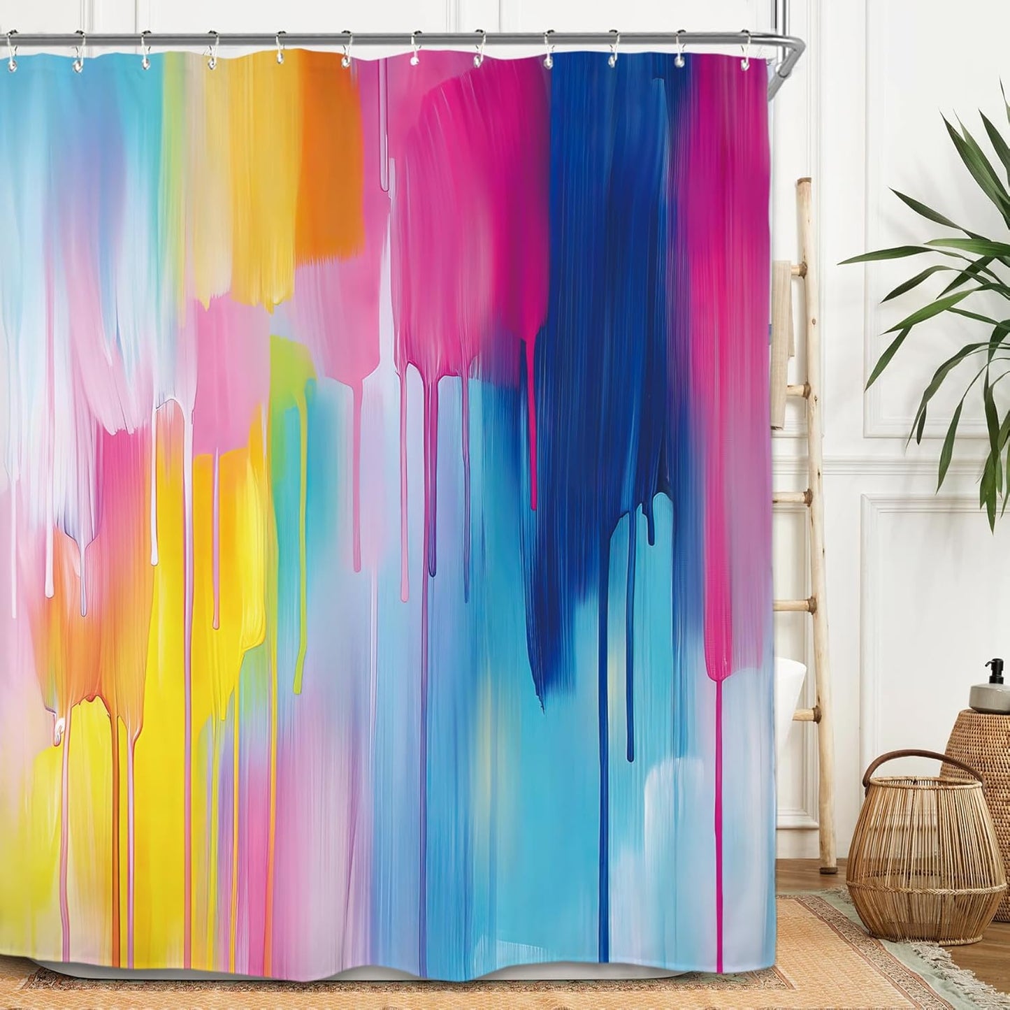 Miyotaa Abstract Modern Blue Pink Shower Curtain Set 60Wx71H Inches Colorful Contemporary Aesthetic Minimalist Art Painting Waterproof Bathroom Curtain with 12 Hooks