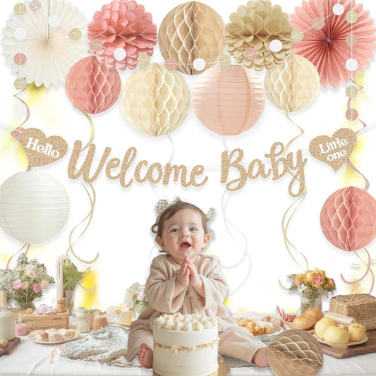 Ivory Blush Pink Baby Shower Decorations for Girl, Pre-Strung, 24pcs | Welcome Baby Banner, Honeycomb Balls, Paper Flowers, Lanterns, Fans, Streamers, Dots Garland for Girl Baby Shower Decorations