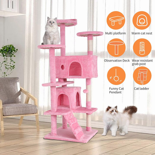 Cat Tree for Indoor Cats, Multi-Level Cat Tower with Scratching Posts & Cozy Condo, Space Saving Cat Activity Center, Durable Pet Play House (54in,Pink)