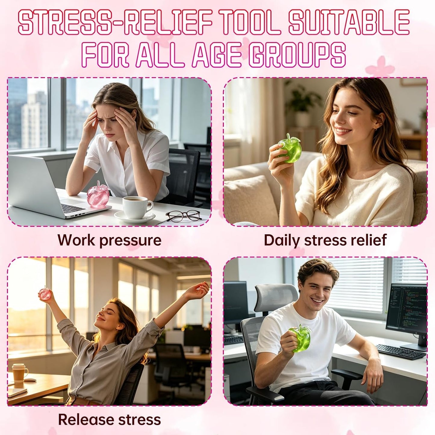 Stress Relief Toy, Apple Squishy, Squishy Apple Slow Rising Fruit Squishies, Clear Cute Fruit Stress Ball for Adults, Cute Funny Desk Decor (Pink)