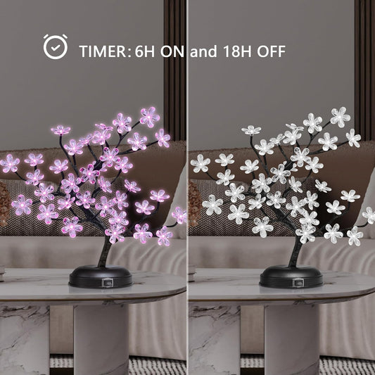 LIGHTSHARE 18-inch Crystal Flower LED Bonsai Tree, Pink Light, 36 LED Lights, Battery Powered or DC Adapter(Included), Built-in Timer