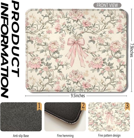 Vintage Pink Floral Mouse Pad, Coquette Girly Pink Bow Peony Flower Aesthetic Mouse Pads for Wireless Mouse Computers Laptop Desk Accessories, Preppy Girly Office Supplies, 9.5x7.9 Inch
