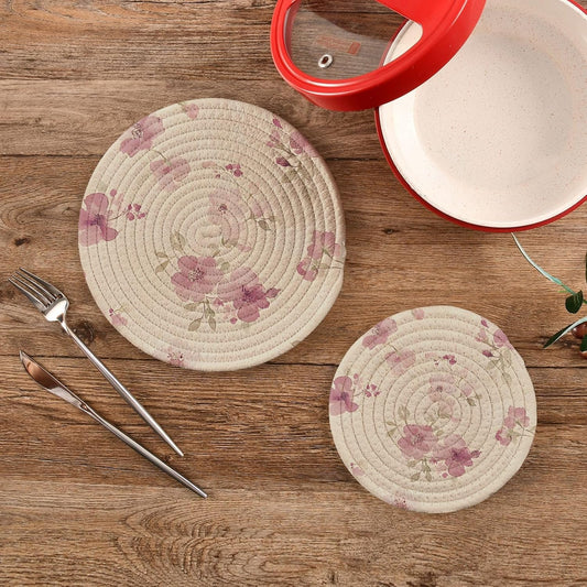 Light Pink Flower Pattern Kitchen Trivets Pot Holders Set of 2 for Pots Dishes Woven, Trivet Coaster Pad Mat for Counter