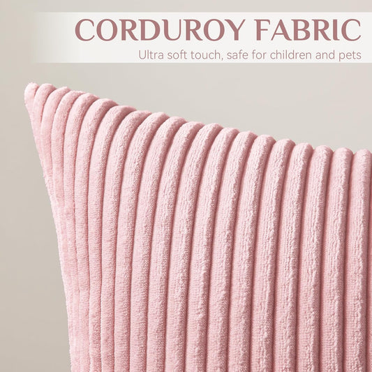 Softalker Decorative Throw Pillow Covers 18x18, Set of 2 Soft Corduroy Striped Boho Solid Pillow Cover, Modern Farmhouse Home Decor House Warming Gifts for Couch Sofa Bed Living Room, Light Pink