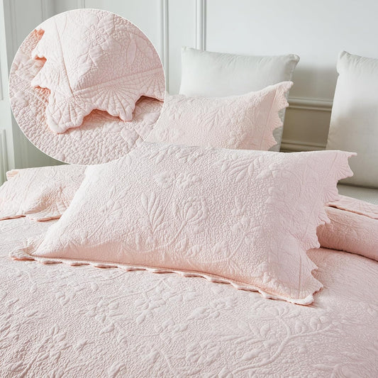 Brandream Standard Size Quilted Pillow Shams Cotton Set of 2 Light Pink Farmhouse Scallop Edge Decorative Pillow Covers