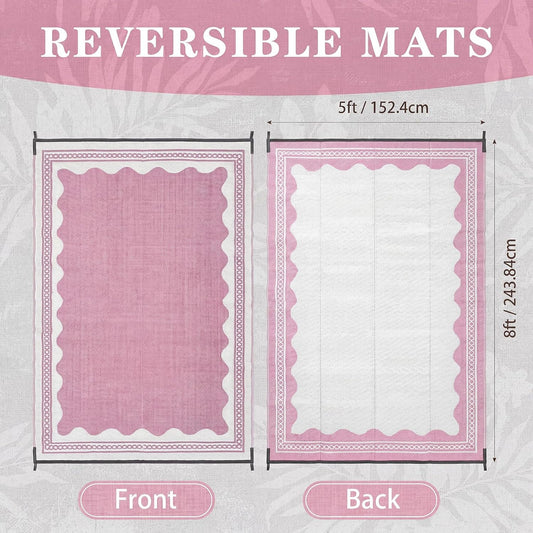 Dunzy Scalloped Outdoor Patio Rug, 5 x 8 ft Non-Slip Plastic Straw Scalloped Carpet Waterproof Indoor Outdoor Area Mat for Outside Rv Camping Deck Pool Beach Porch Backyard(Pink)