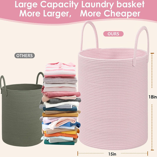 Cotton Rope Storage Basket with Handles, Large 60L Collapsible Laundry Hamper for Clothes, Sturdy Nursery Organizer Blanket Basket for Living Room,Toy Bin for Kids Bed Room,15"x15"x18",Pink