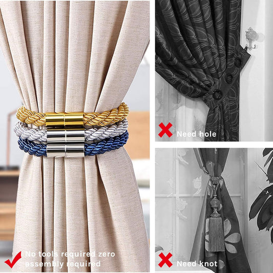 NICEEC 2 Pack Strong Magnetic Curtain Tiebacks Modern Simple Style Drape Tie Backs Convenient Decorative Weave Rope Curtain Holdbacks for Thin or Thick Home & Office Window Draperies (Pink)
