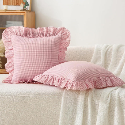 Gingham Pillow Covers (2 Pack) - 18x18 Inches Pink/White Plaid, 100% Washed Cotton Vintage Ruffle Decorative Throw Pillowcases with Zipper Closure for Bed & Couch