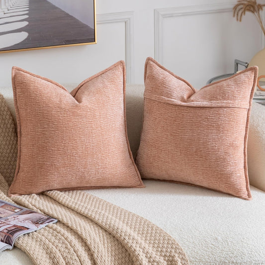 MADIZZ Pack of 2 Decorative Throw Pillow Covers Soft Chenille Throw Pillows Solid Textured Cushion Covers for Couch Sofa Bedroom Living Room 18x18 Inch, Peach