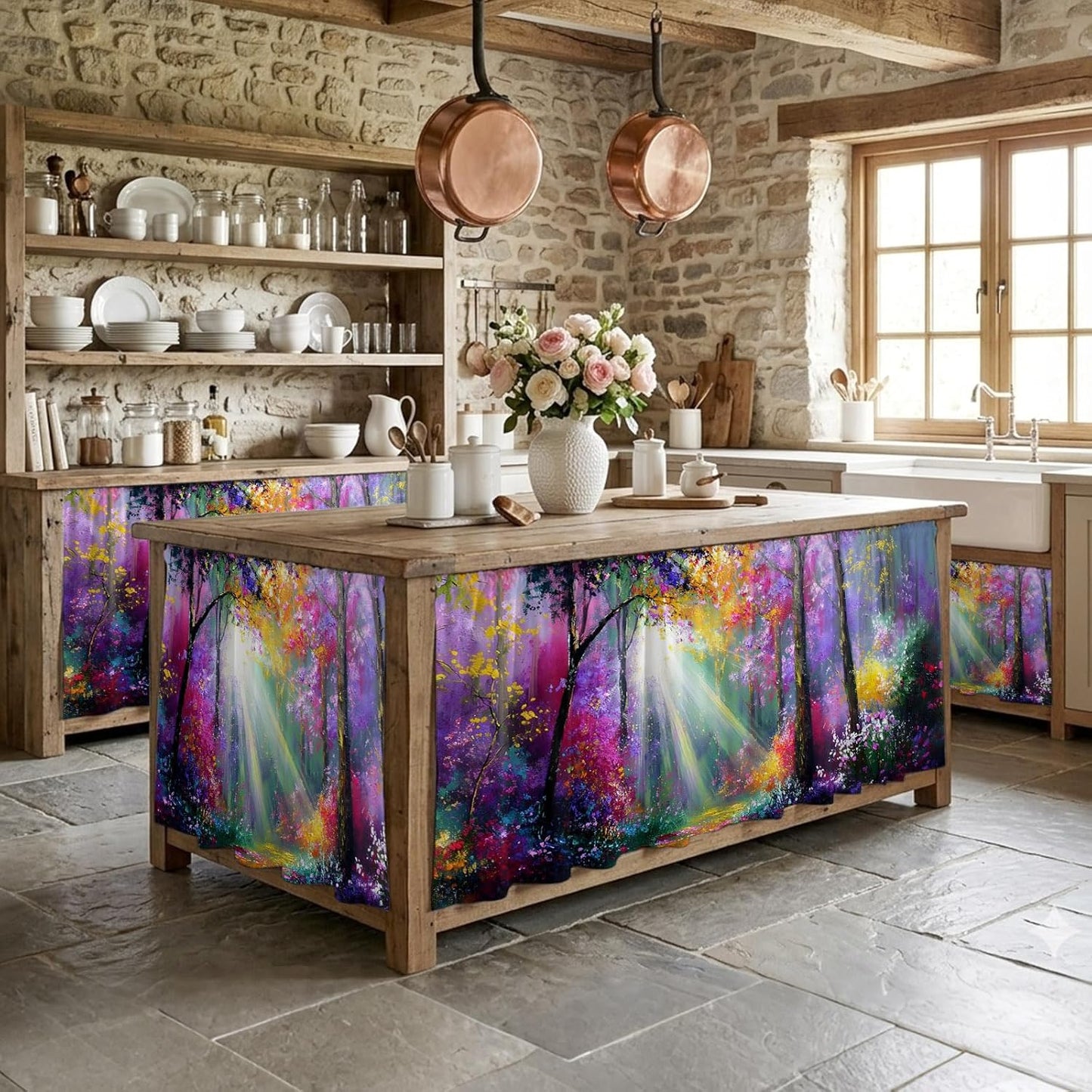 Pink Orange Purple Floral Sink Skirt for Bathroom, Self-Adhesive Under Sink Curtain, Sunlight Trees Botanical Hide Pipes & Storage Fabric Cabinet Skirt Cover for Kitchen Laundry 32"x55"