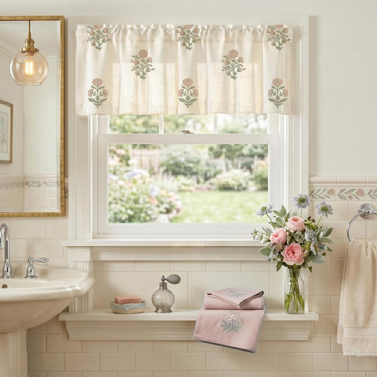 Lino Rosa Pink Floral Valances for Windows, Vintage Shabby Chic Cottage Core Whimsical Linen Sheer Valance Curtains for Girls Room Nursery Kitchen Bathroom Bedroom, 18 Inch