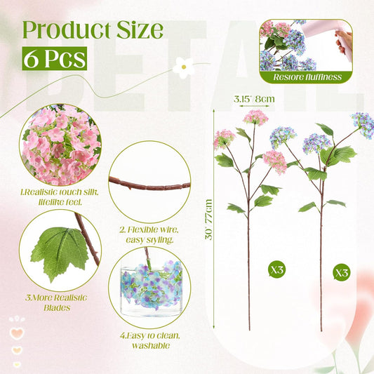Riceshoot 6 Pcs Hydrangea Artificial Flowers, 30Inch Faux Silk Hydrangea with 18 Real to Touch Blooms Fake Flower Snowball Viburnum for Home Wedding Table Centerpieces Kitchen(Pink, Blue)