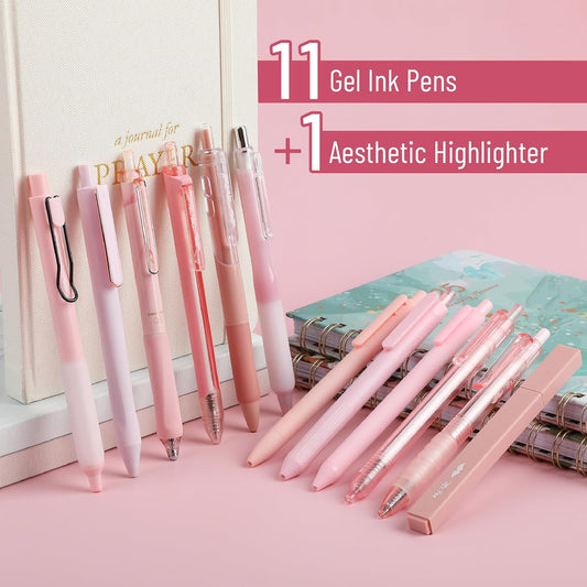 Mr. Pen- Pink Gel Pens Set, 12 Pack, Black Ink Cute Writing Pens with 1 Aesthetic Highlighter, 0.5 mm Fine Point, Smooth Gel Pens for Journaling, Aesthetic Girly Stationery, School & Office Supplies