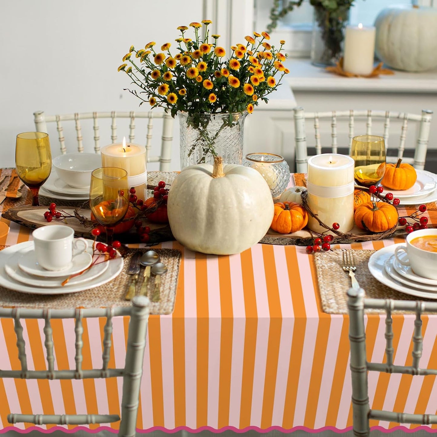 Whaline Scalloped Edge Tablecloth, Orange Pink Striped, 55 x 70 Inch | Waterproof Fabric Tablecloth, Rectangle Table Cover, for Home Kitchen Table Decoration