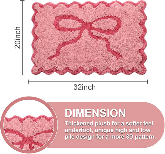 ORTIGIA Cute Pink Bow Scalloped Bath Mat, Fun Plush Microfiber Scallop Bathroom Rugs Non Slip Washable Quick Dry Absorbent, Bath Rug Carpet for Shower Stall Vanities Kitchen Floor Entrance, 20x32