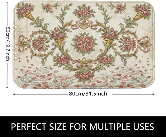 Vintage Floral Quick Dry Bath Mat, Elegant Peach Roses Botanical Absorbent Non Slip Shower Mat, Spring Decorative Flannel Washable Bath Rugs for Bathroom Toilet Restroom 20x32 Inch