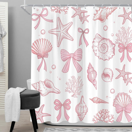 Pink Ocean Beach Seashell 72Wx72H Shower Curtain Cute Bow Starfish Kids Coastal Coral Theme Girls Coquette Preppy Vintage Bathroom Curtain Set Modern Summer Bath Bathroom Accessories Decor