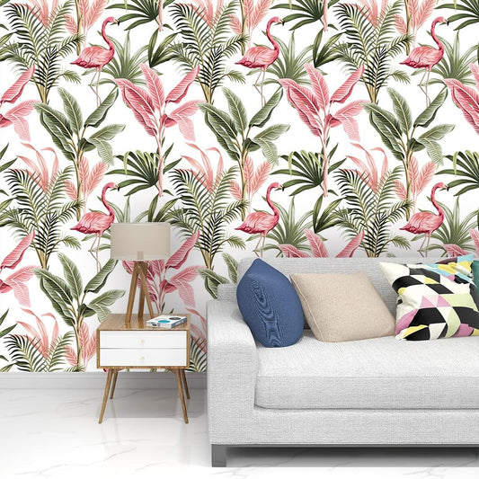 Watercolor Pink Flamingo Tropical Peel and Stick Wallpaper Removable Green Leaf Vinyl Self Adhesive Wallpaper for Wall Decor 17.7in x 9.8ft