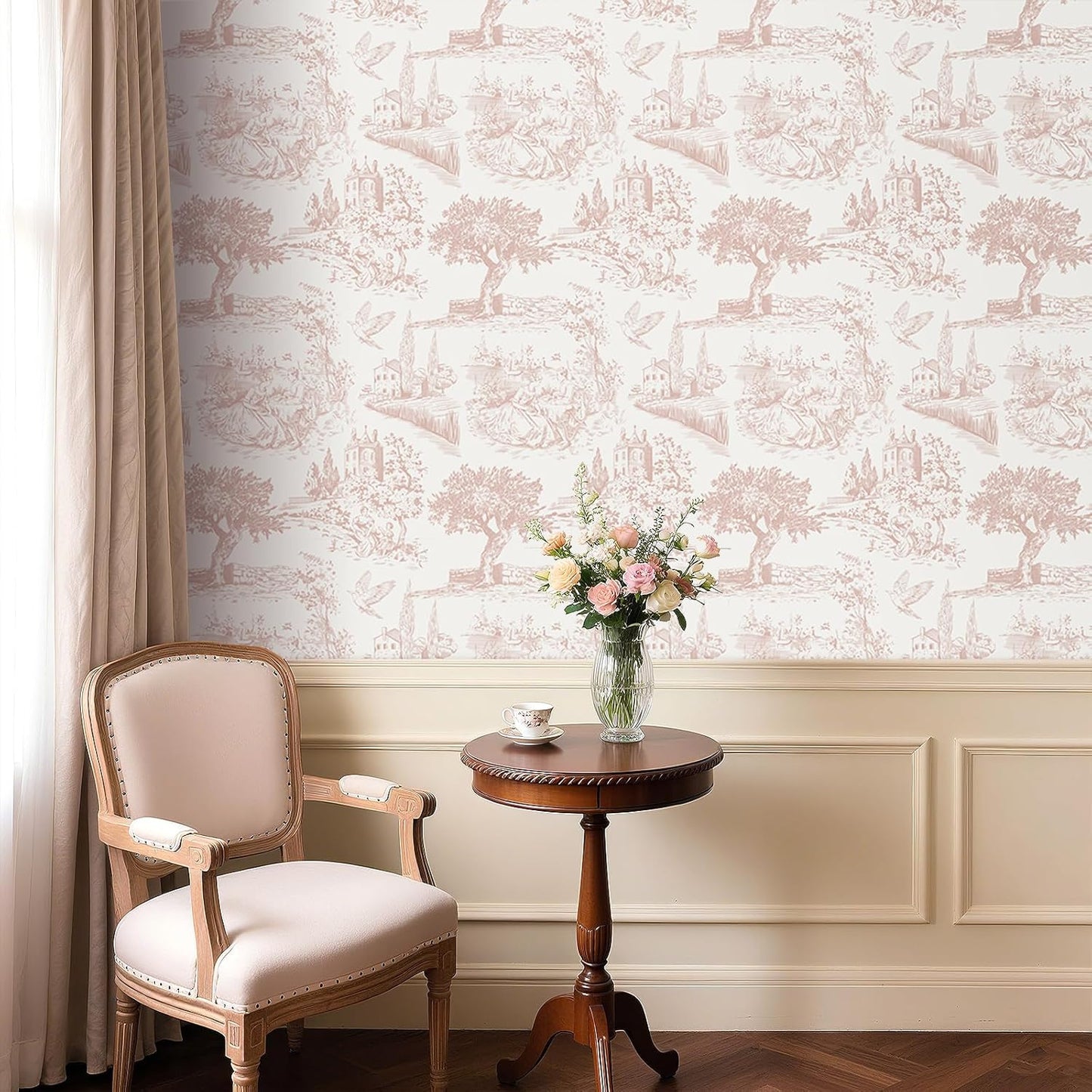FunStick Vintage Pink Toile Wallpaper Peel and Stick Tree Bird French Country Wallpaper for Girls Bedroom Bathroom Removable de Jouy Beige Toile Contact Paper for Walls Cabinets Waterproof 17.5"x118"