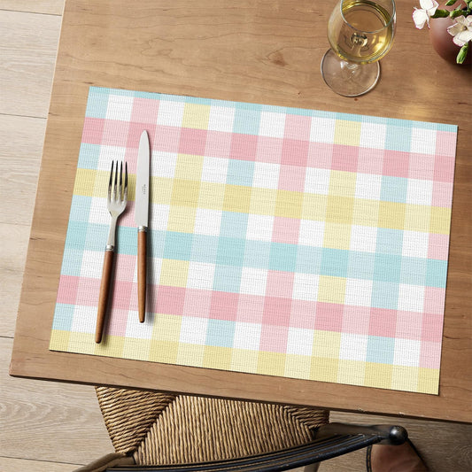 Artoid Mode Buffalo Plaid Vinyl Easter Placemats Set of 4, 12x18 Inch Washable Non-Slip Heat Resistant Plastic Place Mats for Party Dining Table, Pink/Blue