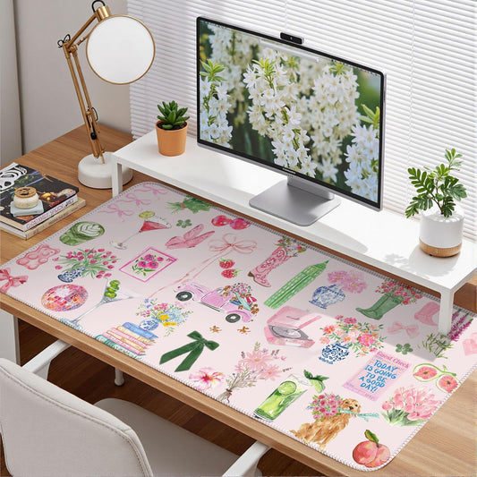 Pink Pastel Floral Desk Mat Cute Kawaii Retro Vintage XXL Large Mouse Pad Flower Desk Pad Mat Laptop Computer Keyboard and Mouse Mat Aesthetic Office Decor for Women Girl Teacher