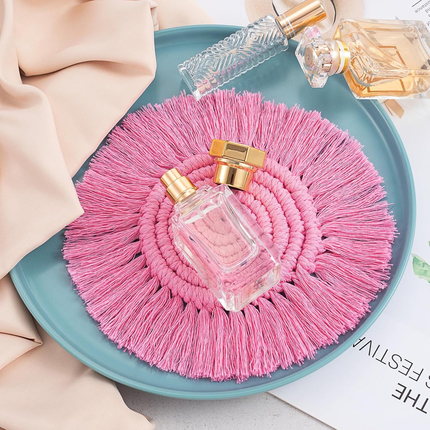 Pndeyo Round Coasters for Drinks Absorbent, Boho Braided Coasters with Tassels, Heat Resistant Cotton Coffee Cup Mat for Home Decor Wooden Tabletop Protection- Pink