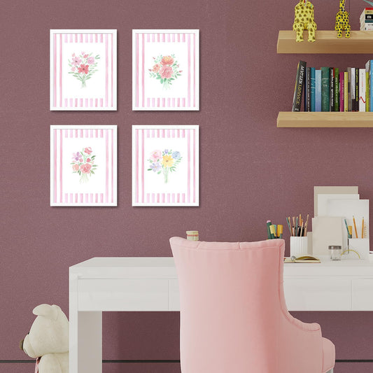 JINYO Preppy Pink and White Striped Floral Wall Art Prints Set of 4, Floral Room Decor, Pastel Rustic Wildflower Botanical Posters Pictures Wall Decor for Girls Bedroom Dorm, 8x10 Unframed