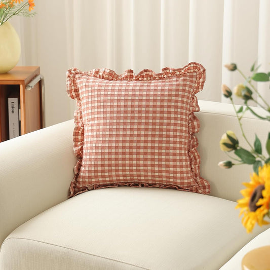 vctops Plaid Ruffle Throw Pillow Cover Farmhouse Pink and White Checkered Pillowcase Shabby Chic Vintage Square Decorative Cushion Cover for Bed Sofa Living Room (Pink,18"x18")