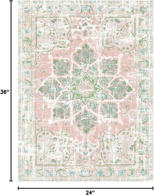 Vhong Boho Area Rugs Vintage Washable Neutral Modern Dusty Pink and Green 2x3 Non Slip Small Carpet for Hallway Bathroom Entryway Girls' Room
