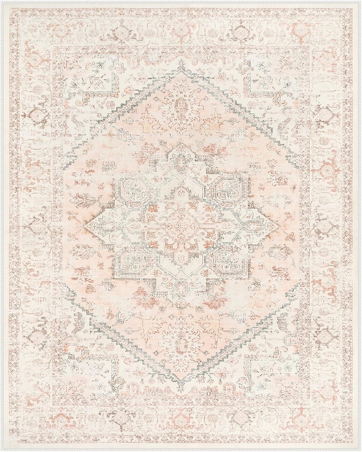 LIVEBOX Pink Area Rug 8x10 - Large Oriental Floral Living Room Rugs Accent Rug for Bedroom, Non-Slip Retro Medallion Carpet Print Distressed Rugs for Dining Room Office (Pink/Peach)