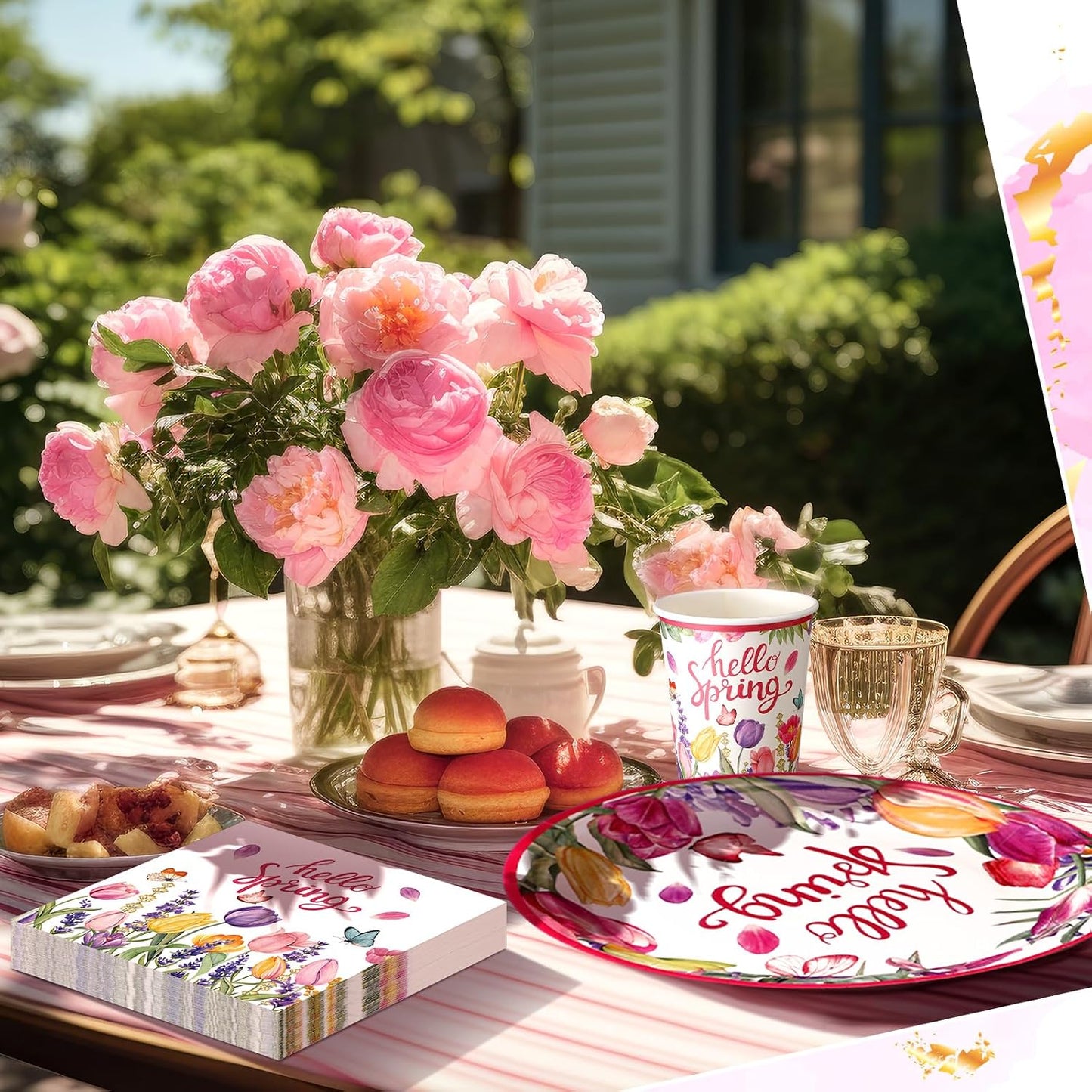 FillTouch 144 Pcs Spring Floral Plates and Napkins Set Party Supplies Tulip Disposable Tableware Set Pink Flower Wildflower Birthday Party Decor for 24 Guests Spring Wedding Table Decorations
