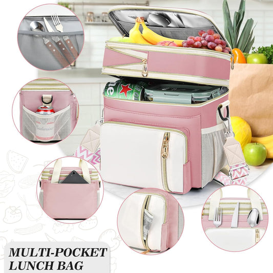 LOKASS Lunch Box & Lunch Bag for Women Men Double Deck, Large Insulated Adult Lunch Box Leakproof Lunchbox Cooler Bag for Work Picnic Beach,(Pink&White 16L)