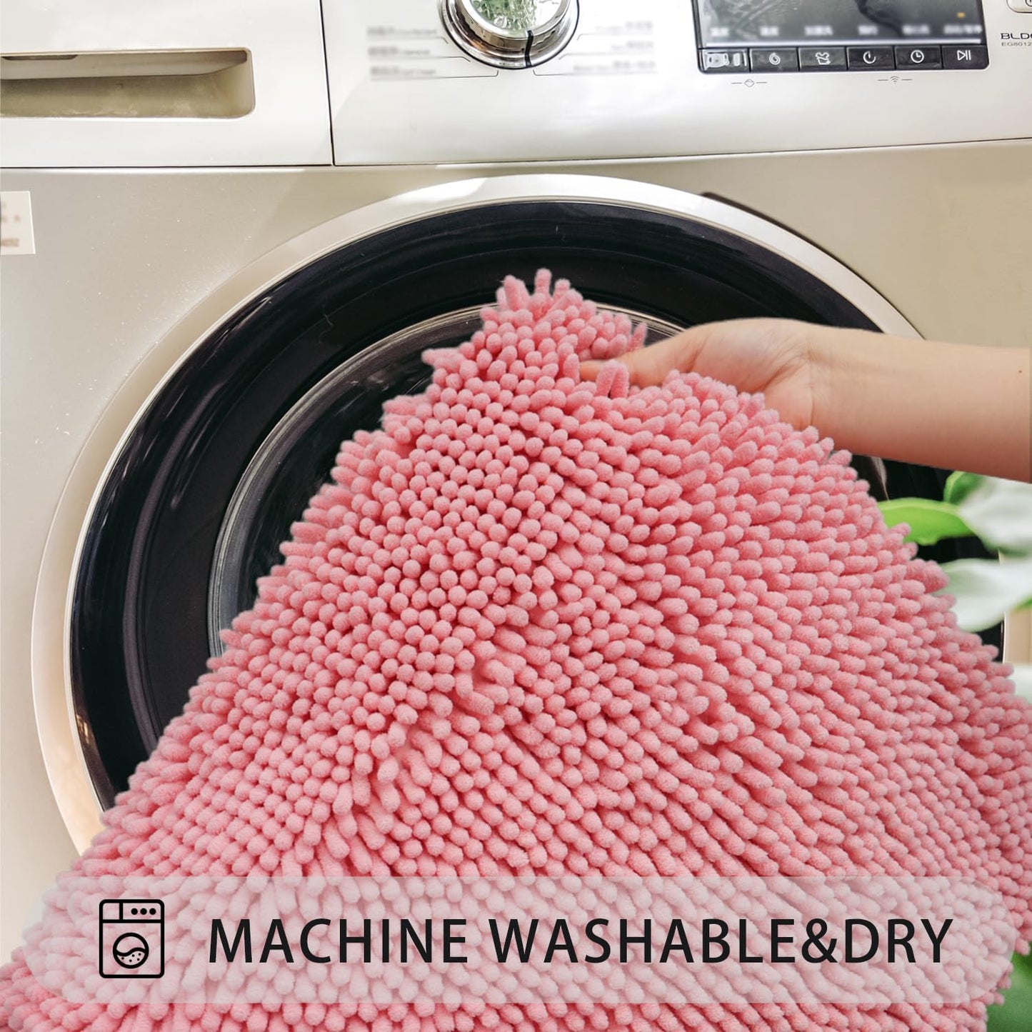 U-Shaped Toilet Rug, Chenille Contour Bathroom Mat, Non-Slip PVC Backing, Machine Washable, 20x20, Pink