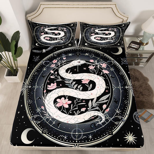 White Snake Bedding Set Twin Size Pink Peach Blossom Bed Set for Girls Teens Bedroom Decor Kids Boho Sun Moon Fitted Sheet Soft Microfiber Mysterious Snake Bed Cover(1 Fitted Sheet+1 Pillow Case)