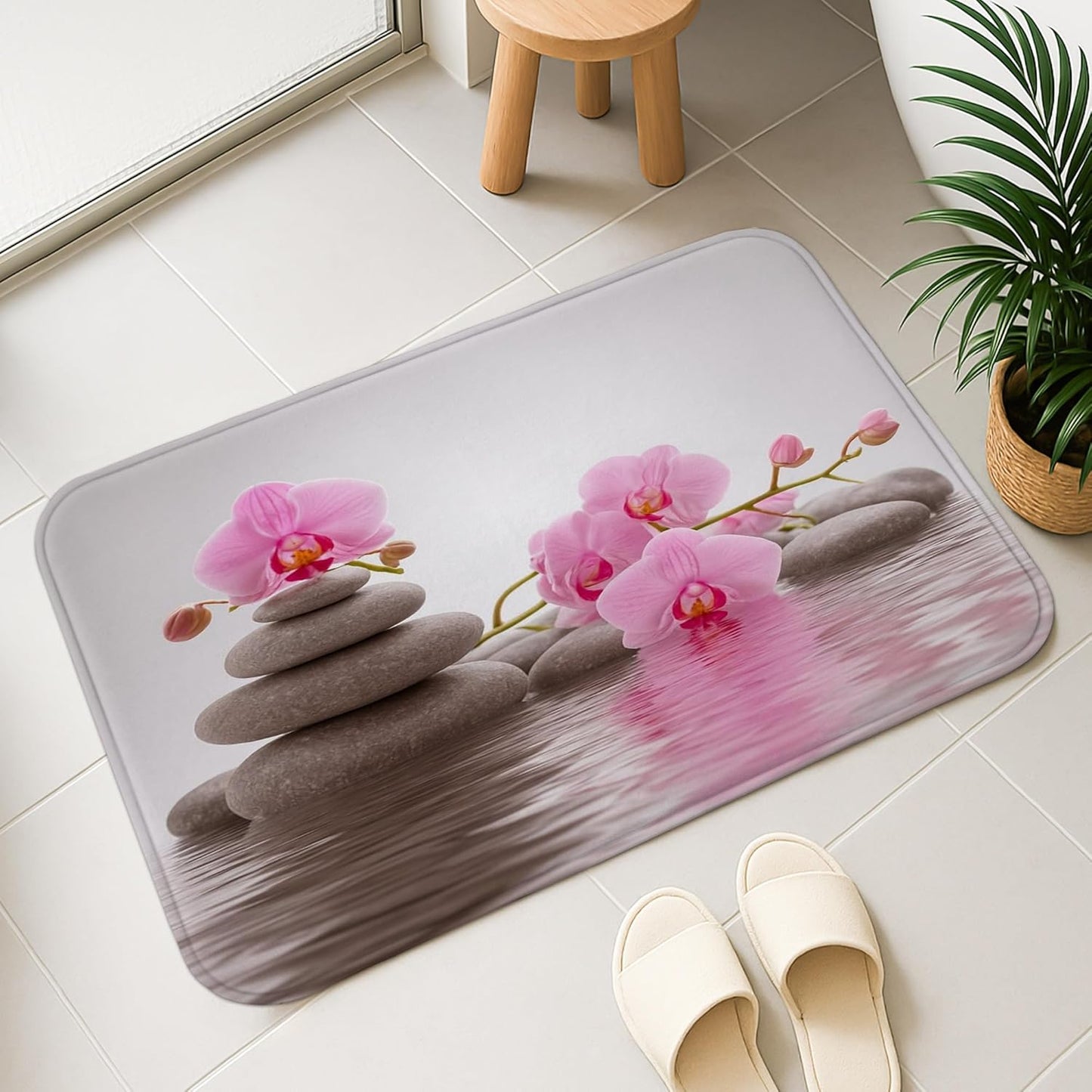 Zen Orchid Quick Dry Bath Mat, Elegant Peach Floral Stones Absorbent Non Slip Shower Mat, Modern Flannel Washable Bath Rugs for Bathroom Toilet Restroom Decorative 20x32 Inch