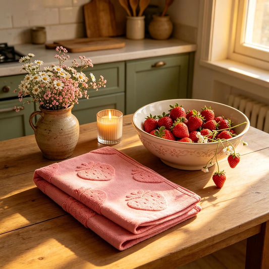 yuboo Pink Strawberry Hand Towels (Set of 2) - Soft Cotton Embossed Strawberry Towels for Bathroom and Kitchen, Cottagecore Kitchen Towels, Decorative Pink Farmhouse Hand Towels, 14"x29"